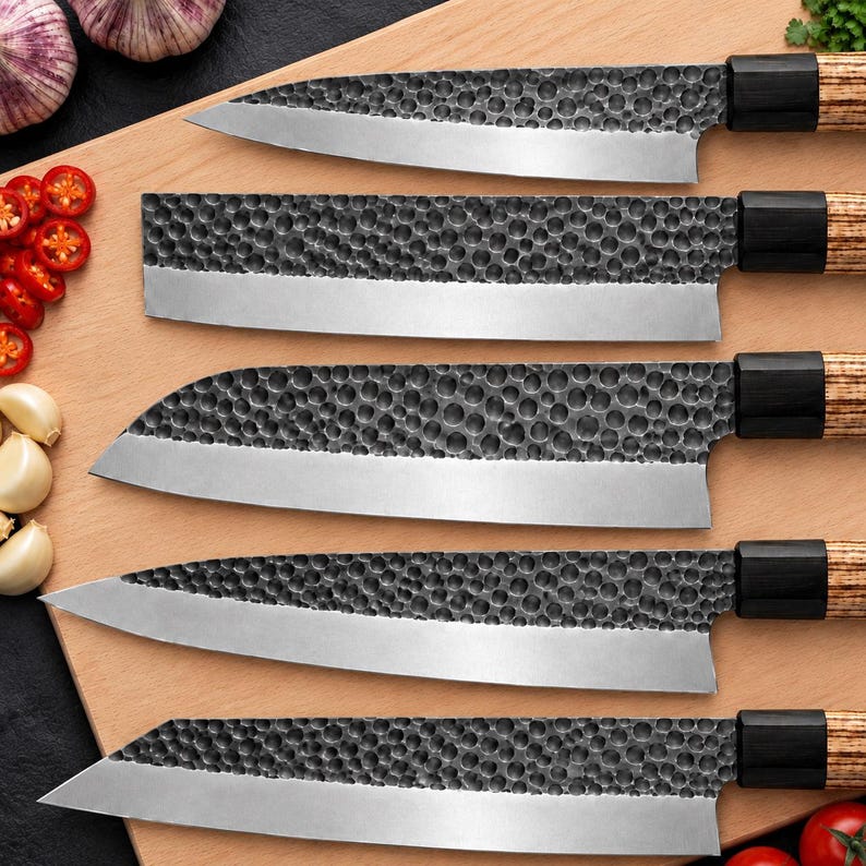 High carbon steel Japanese-style kitchen knife with ash wood and black resin handle
