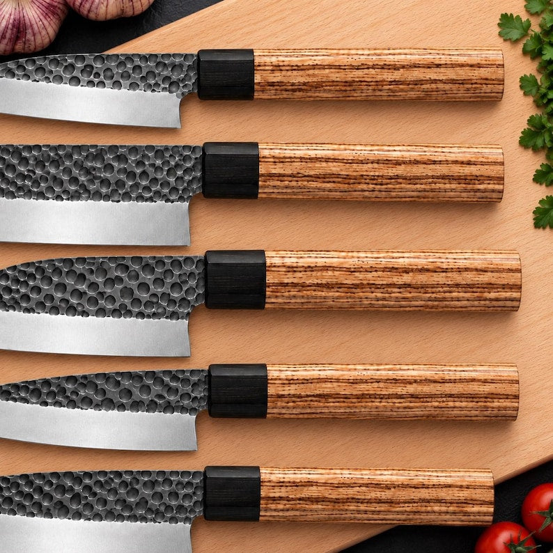 Handmade 5-piece chef knife set, supplied with a leather storage and carrying bag