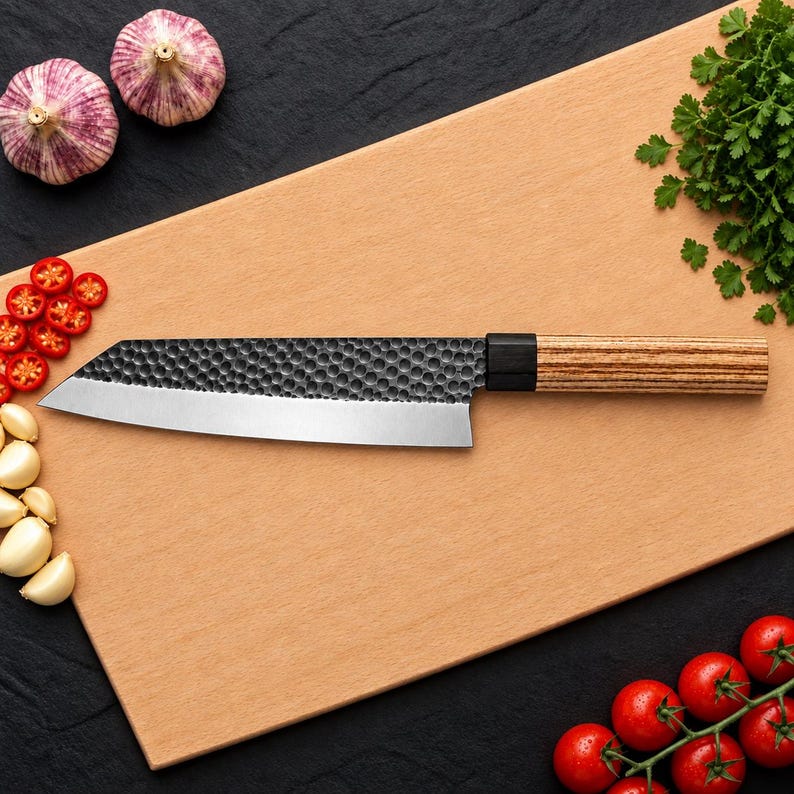 Ash wood and black resin handles on a handmade high carbon steel knife set