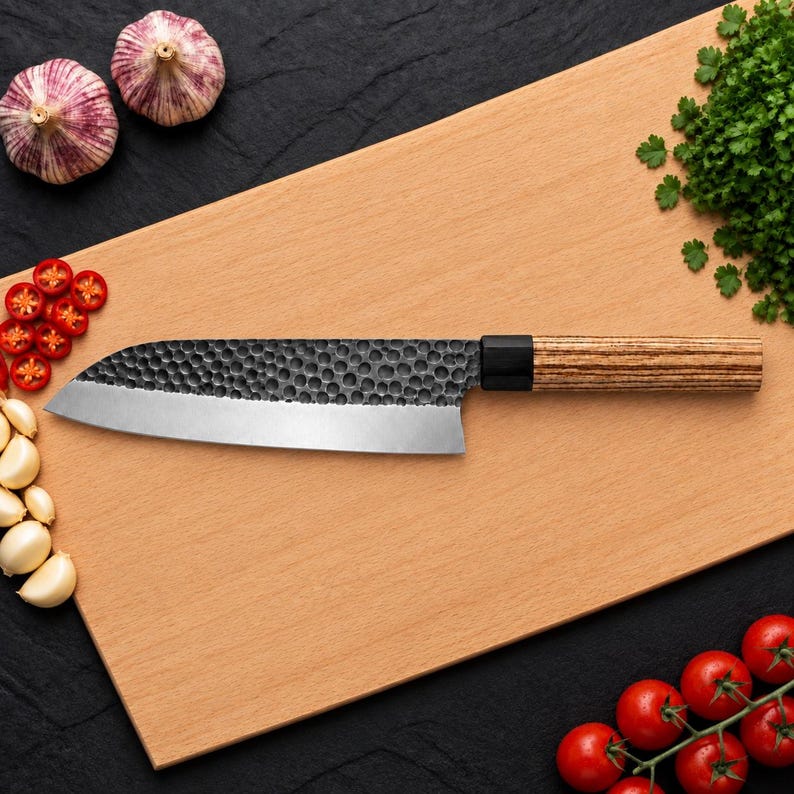 Japanese-style high carbon steel chef knife with handmade ash wood and resin handle