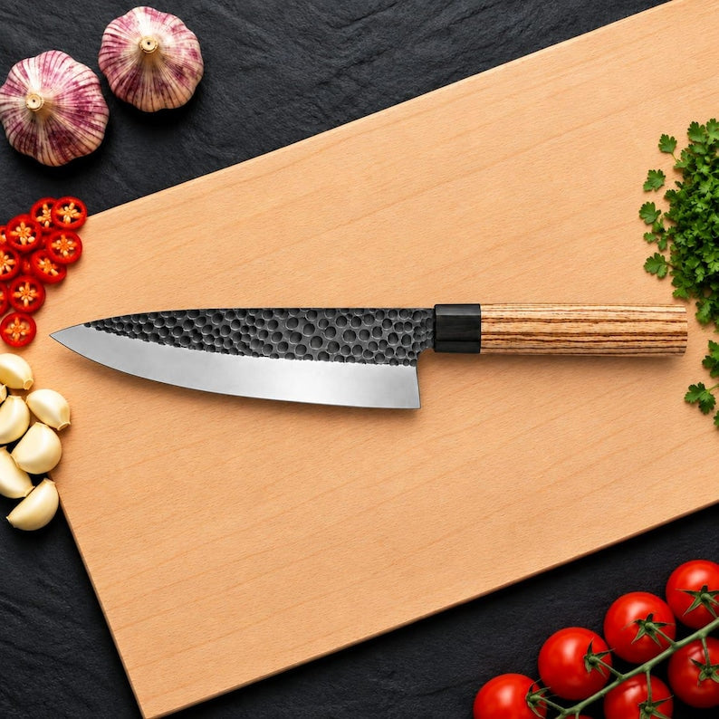 Handmade high carbon steel chef knife set with ash wood handles and leather bag included