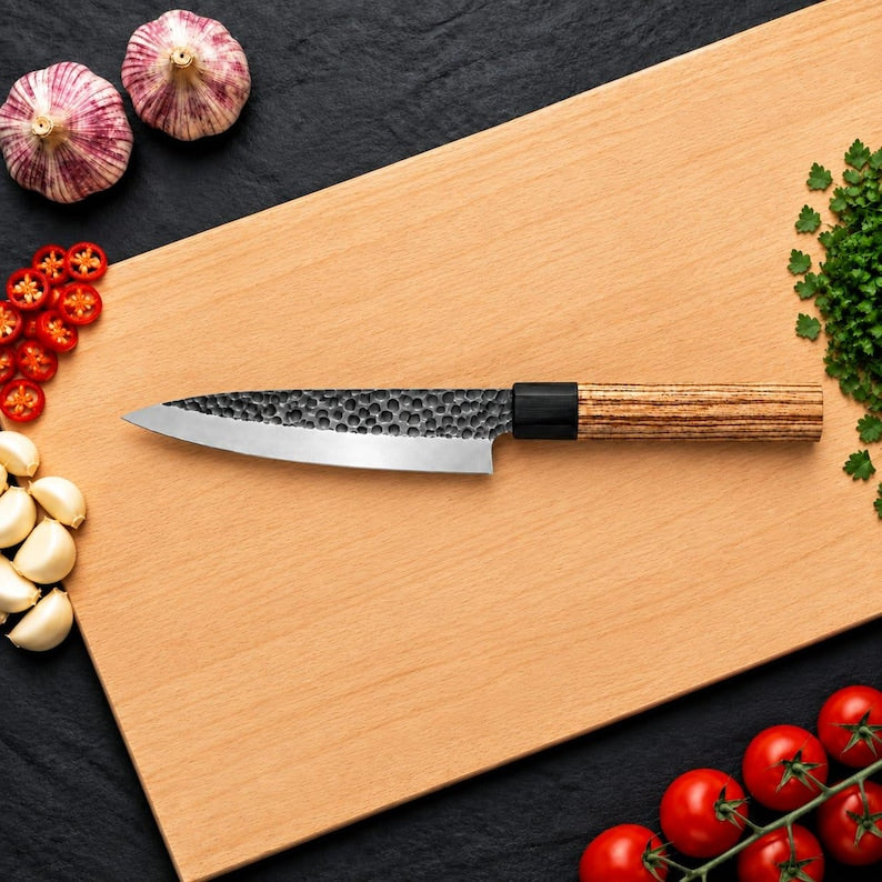Handmade high carbon steel kitchen knives with ash wood handles, gift for home cooks