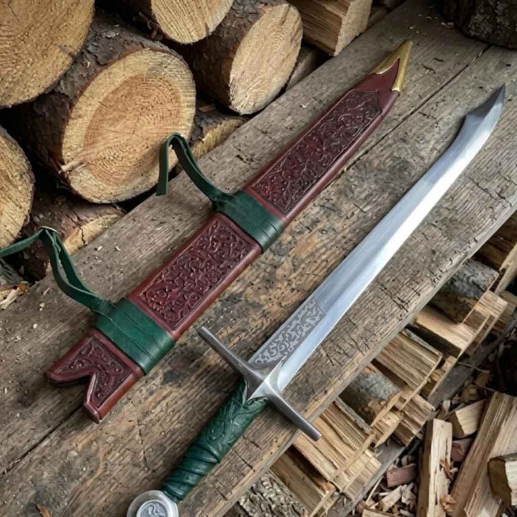 Falchion Sword with wrapped grip and handcrafted leather scabbard