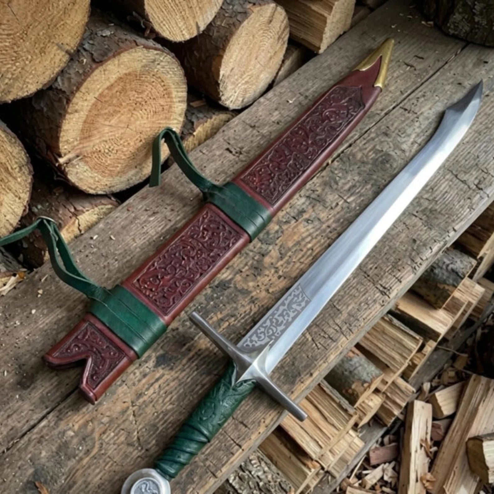 Falchion Sword with wrapped grip and handcrafted leather scabbard