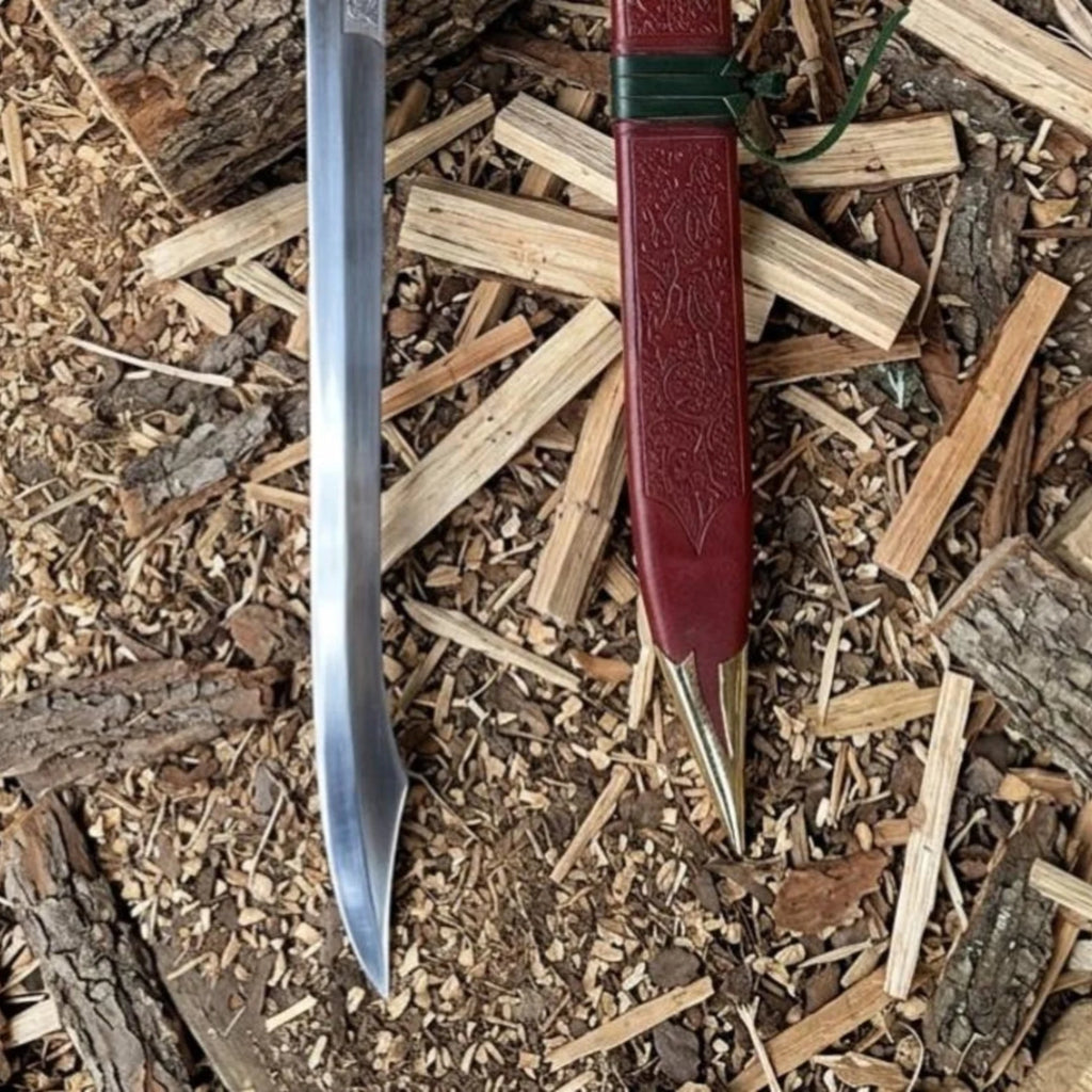 High carbon steel Falchion Sword with embossed leather scabbard detail