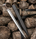 Handmade medieval short sword full view with leather scabbard