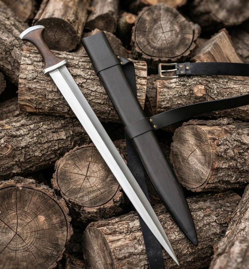 Handmade medieval short sword full view with leather scabbard