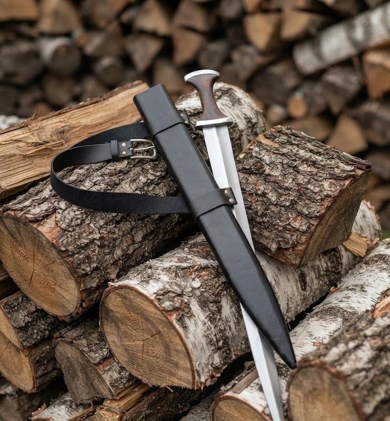 Hardwood handle detail on the medieval short sword