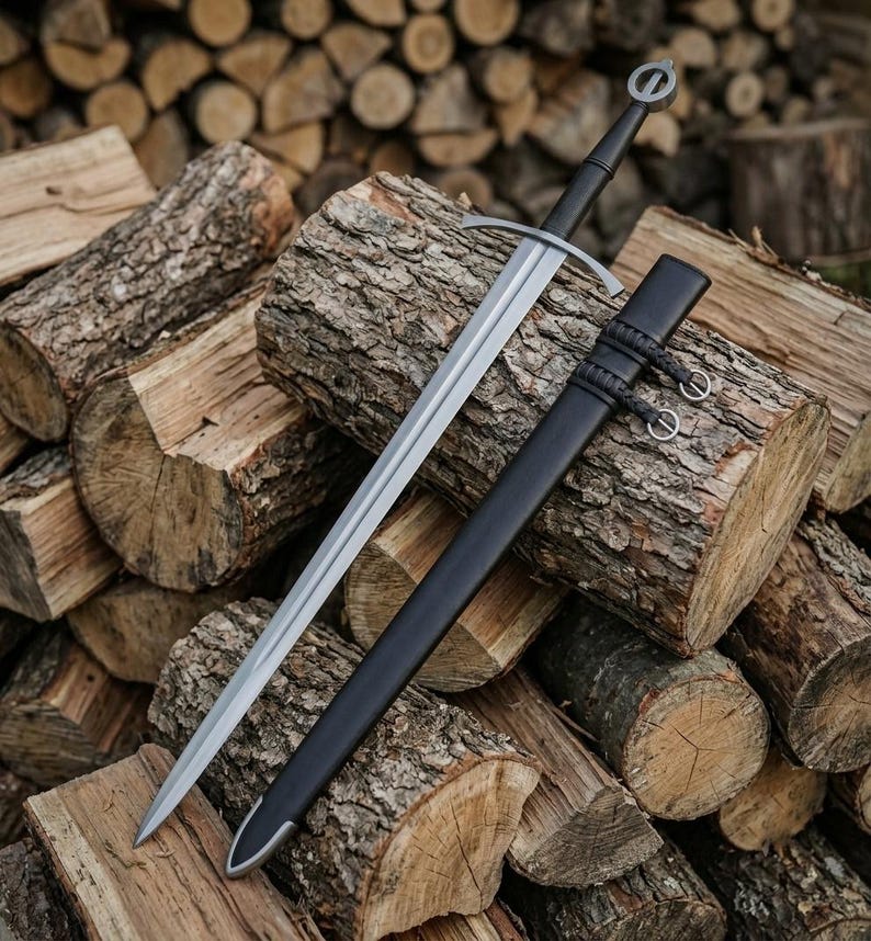 Irish Ring sword resting in its leather scabbard