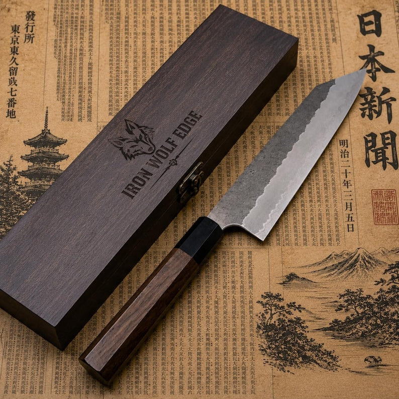 Handmade Japanese chef knife with 8-inch layered carbon steel blade and wood handle