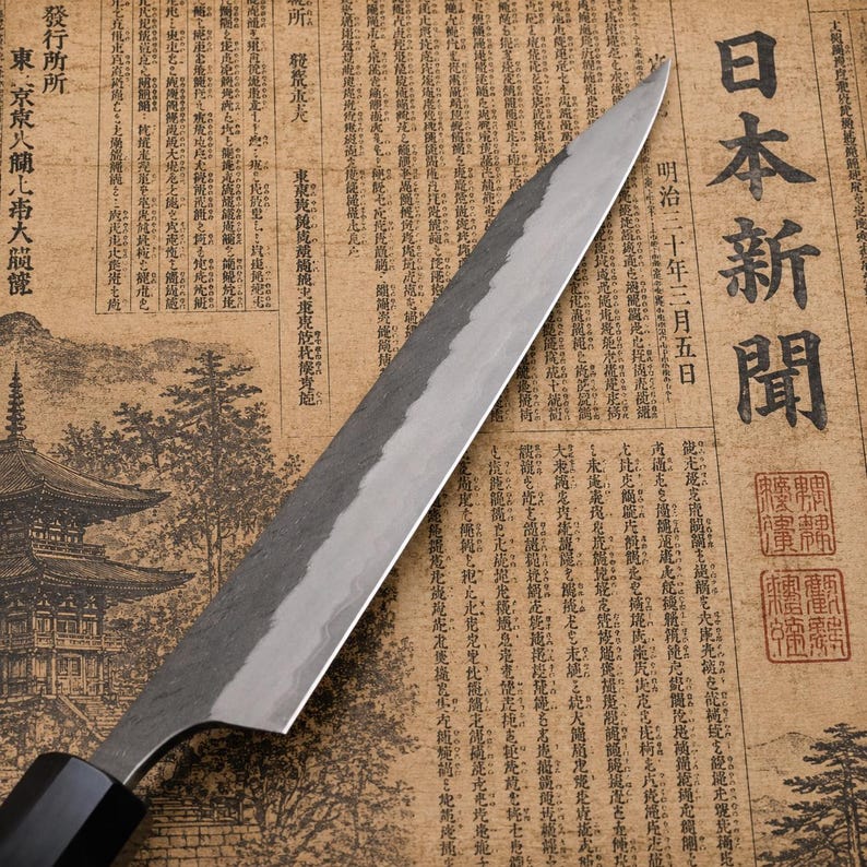 Natural wood handle on a handmade 13-inch Japanese chef knife