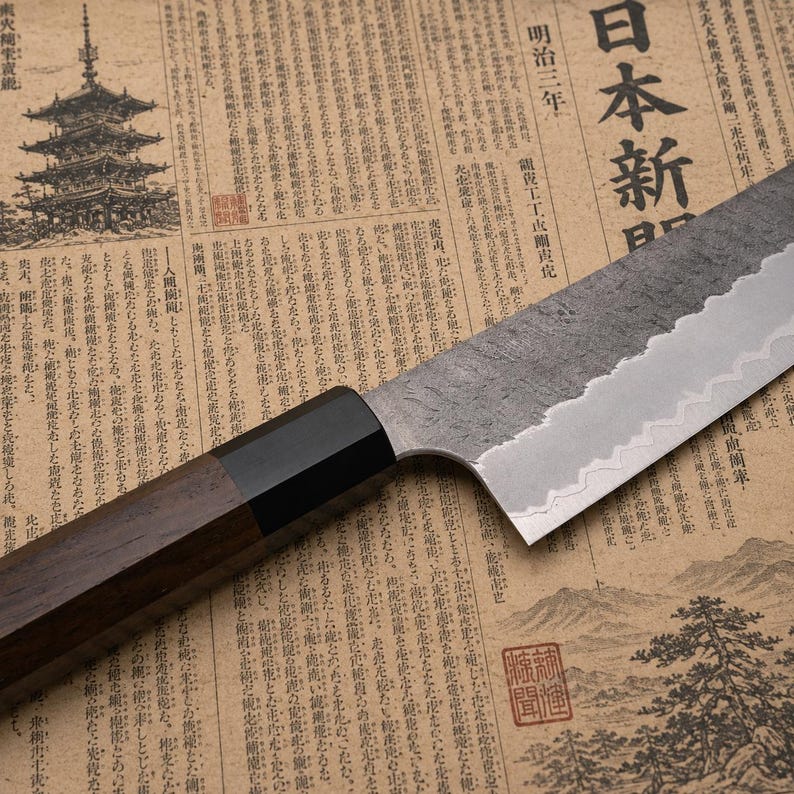 Handmade carbon steel chef knife with black protective sheath