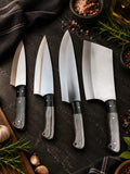 Handmade kitchen knife set, 4-piece full tang chef knife set with meat cleaver and grey wood handles