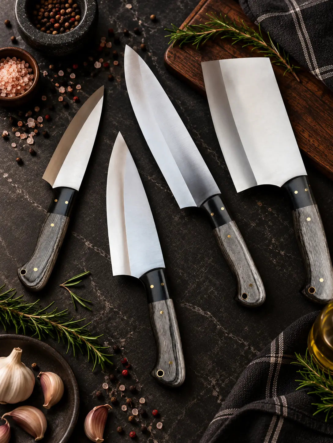 4-piece chef knife set with cleaver in J2 stainless steel, full tang wood handle kitchen knives
