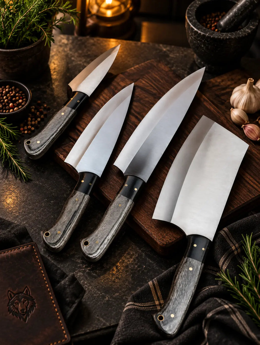 Chef knife, small chef knife, utility knife and meat cleaver, handmade stainless steel kitchen knife set