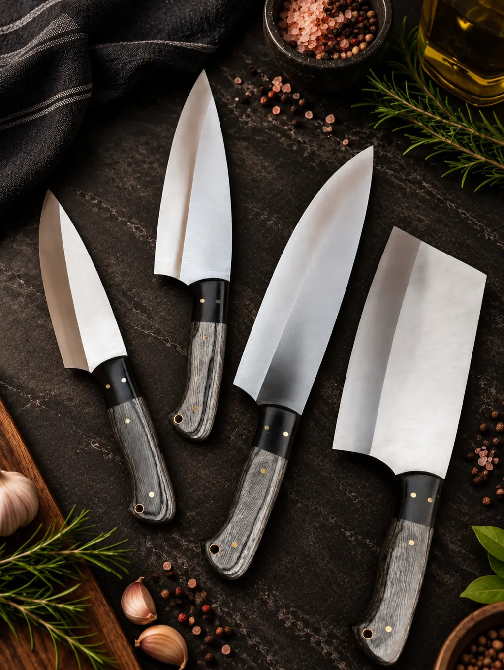 Rust-resistant J2 steel kitchen knife set with wood handles and brass pins, gift for chefs