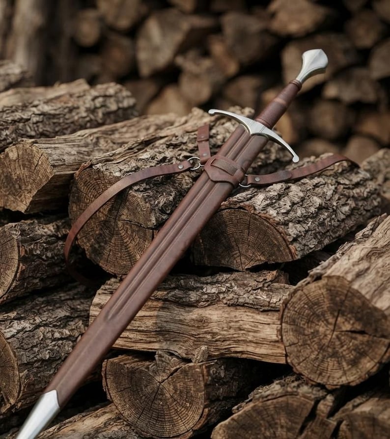 Arming sword resting in its leather scabbard and belt