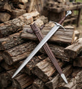 Handmade medieval arming sword full view with leather scabbard