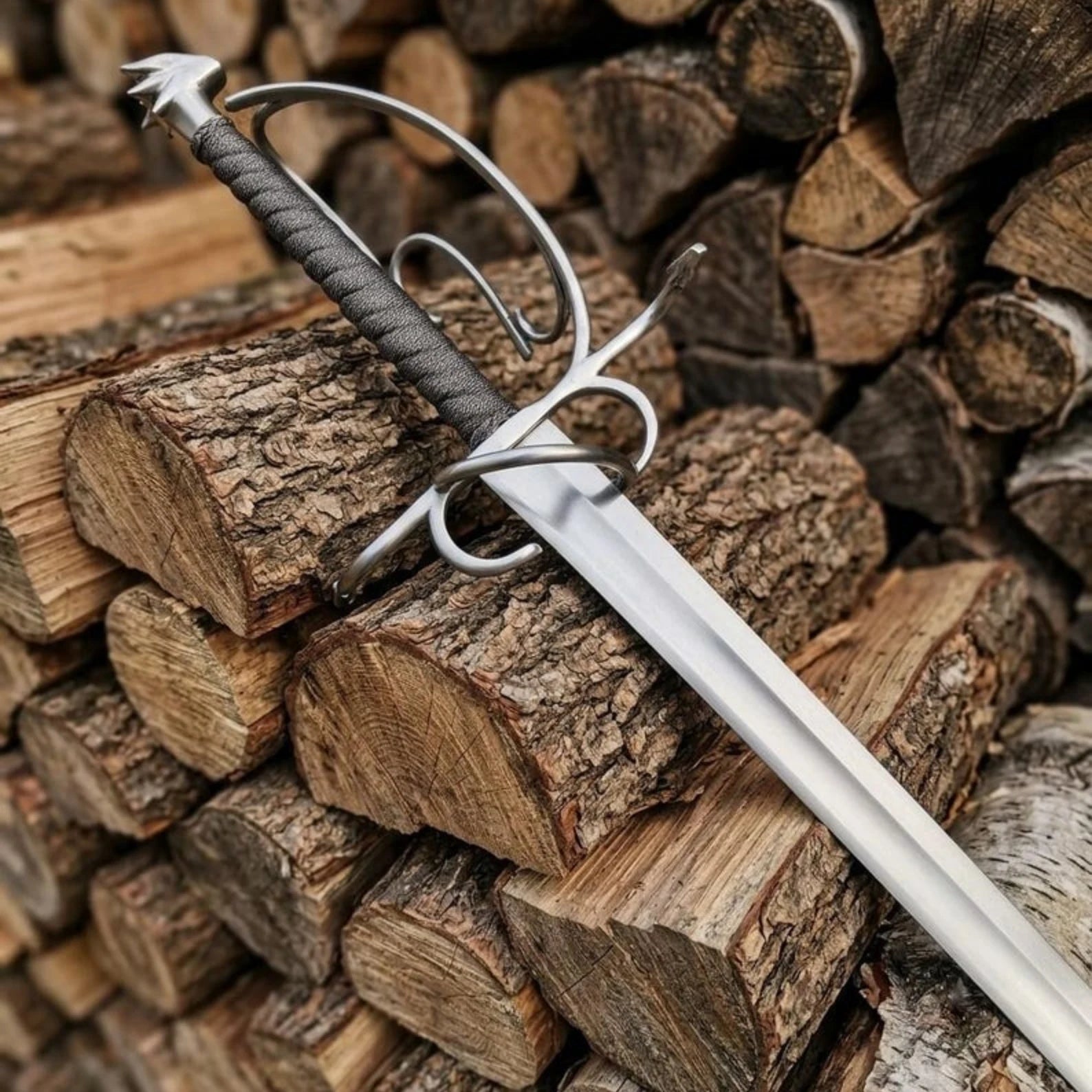 Handmade Medieval Renaissance Sword with polished steel blade and swept hilt
