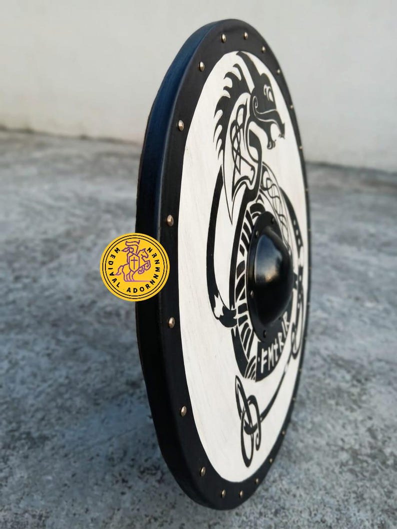 Handmade Norse Dragon Viking Shield – premium solid wood body with steel fittings