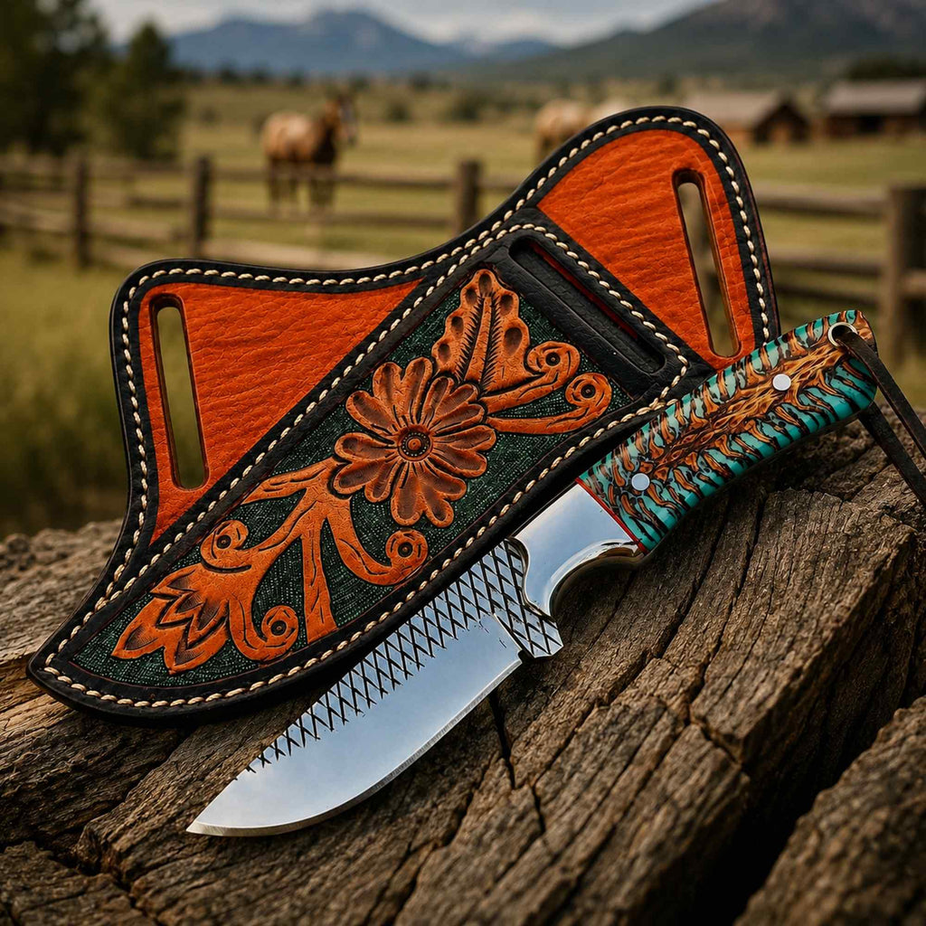 Handmade Ranch Knife – D2 Rasp Steel Blade, Turquoise Handle & Tooled Pancake Sheath Forged by Vikings