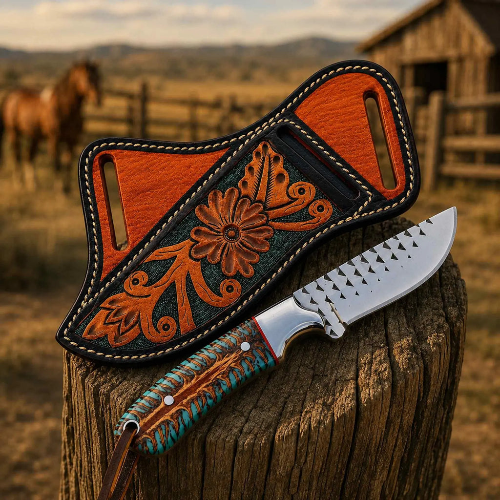 Handmade Ranch Knife – D2 Rasp Steel Blade, Turquoise Handle & Tooled Pancake Sheath Forged by Vikings