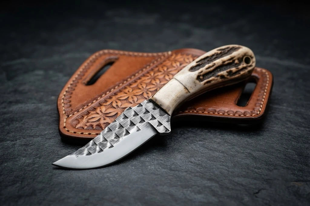 A custom handmade cowboy knife forged from a steel rasp file, showcasing aggressive cross-cut teeth patterns on the upper blade and a polished edge, paired with a natural stag antler horn handle, resting diagonally on a brown floral-tooled leather pancake sheath over a dark slate background.