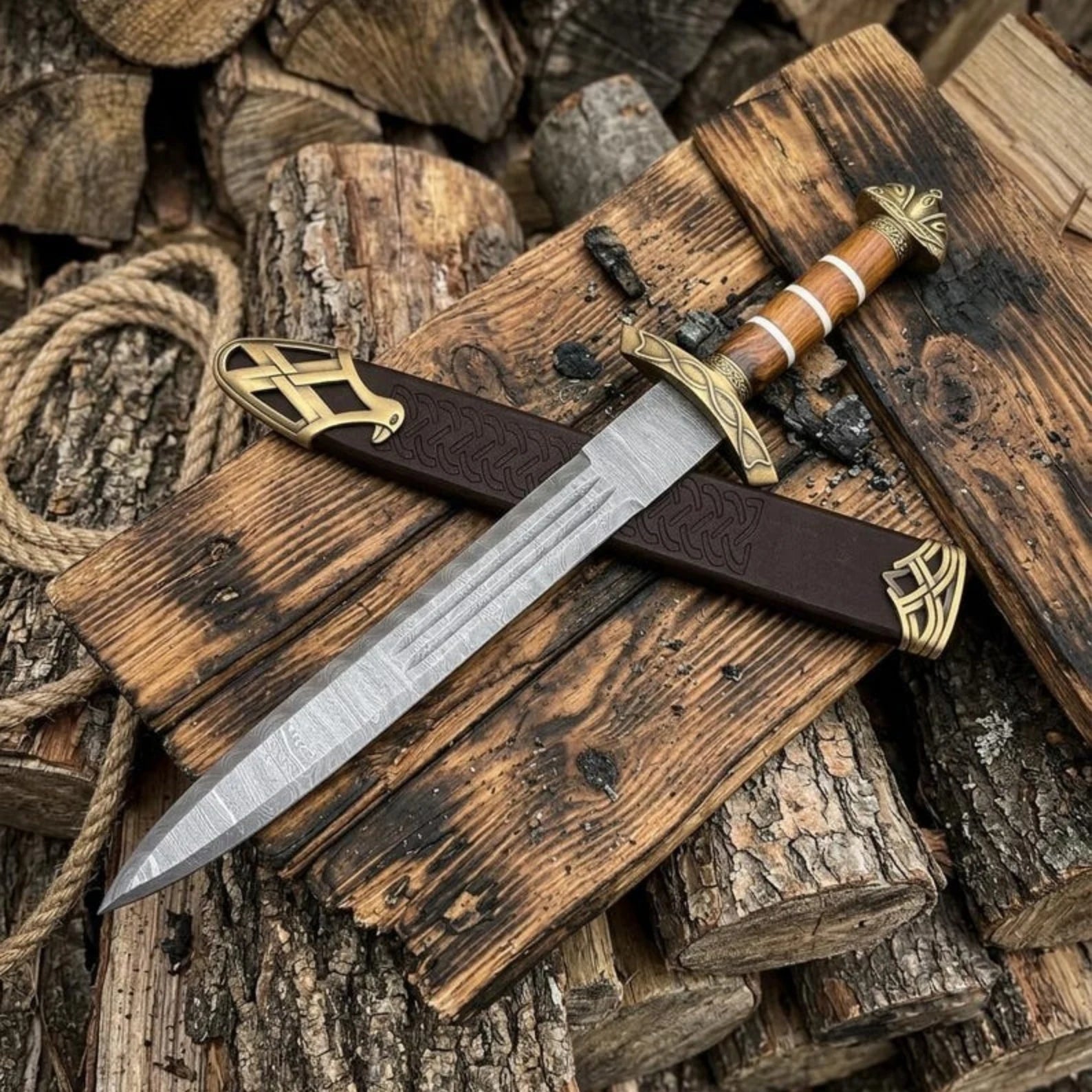 Viking Damascus Sword with leather-wrapped handle and steel guard