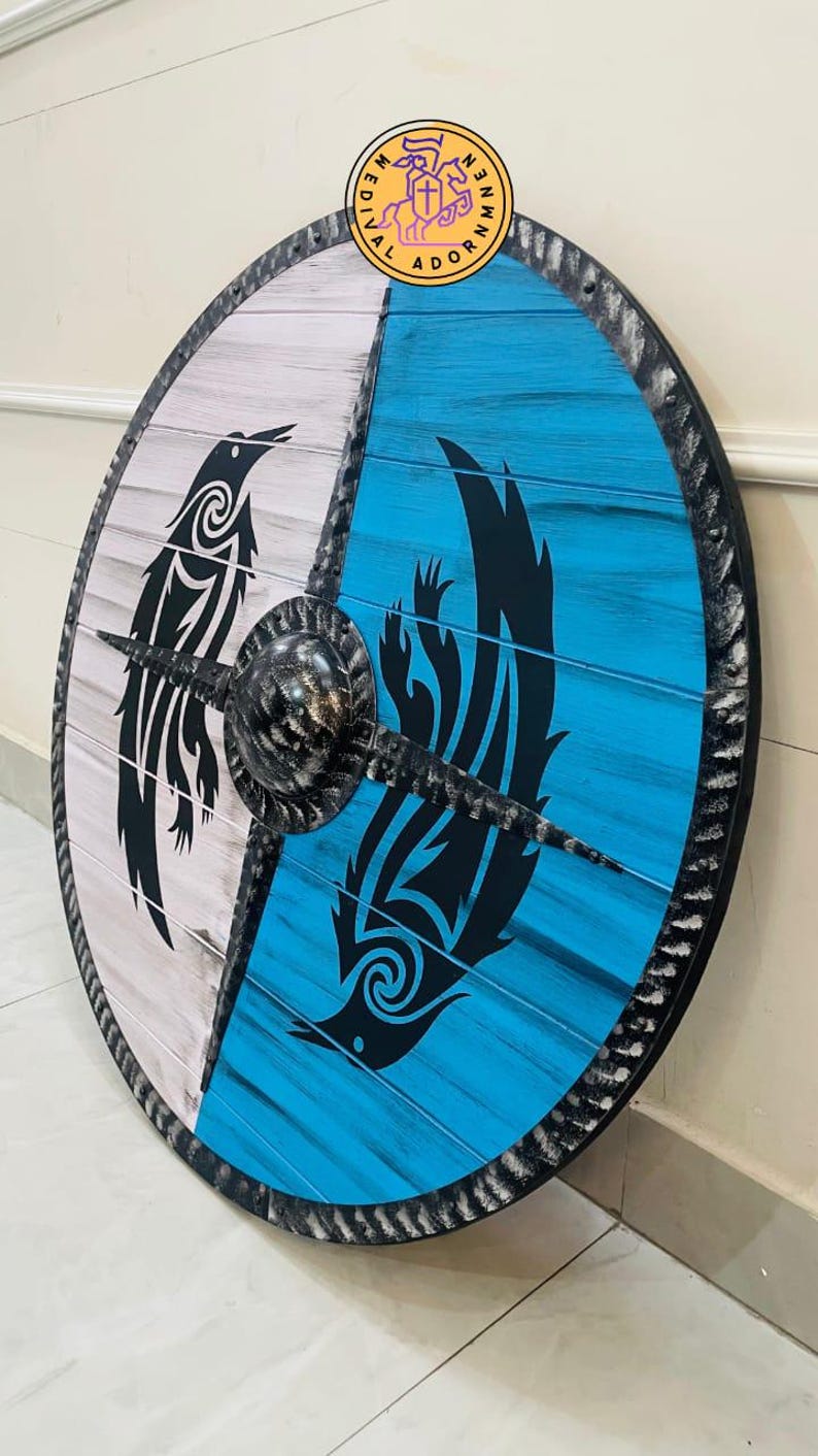 Handmade Viking Raven Shield, Norse wooden wall decor – tooled iron rim with blackened steel shield boss