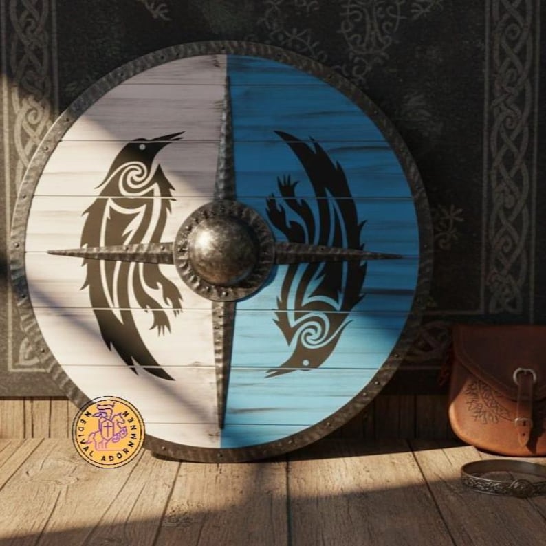 Handmade Viking Raven Shield, Norse wooden wall decor – genuine calfskin leather handle