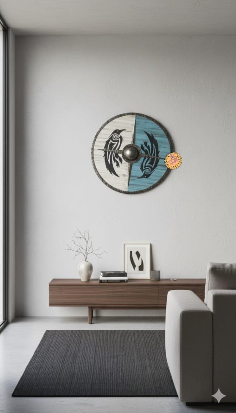 Handmade Viking Raven Shield, Norse wooden wall decor – available in sizes 14 to 36 inches