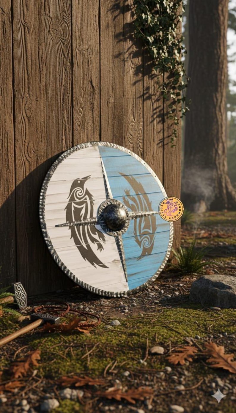 Handmade Viking Raven Shield, Norse wooden wall decor – hand-painted raven design