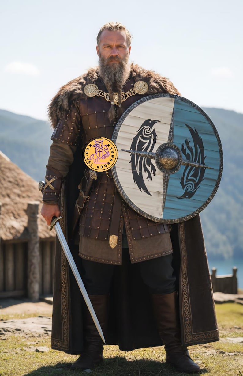 Handmade Viking Raven Shield, Norse wooden wall decor – tooled iron rim with blackened steel shield boss