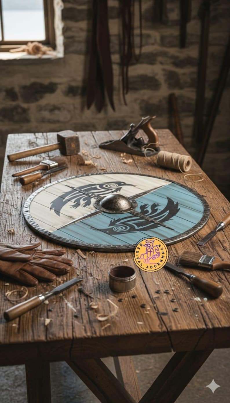 Handmade Viking Raven Shield, Norse wooden wall decor – genuine calfskin leather handle