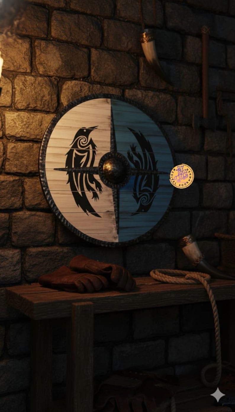 Handmade Viking Raven Shield, Norse wooden wall decor – available in sizes 14 to 36 inches