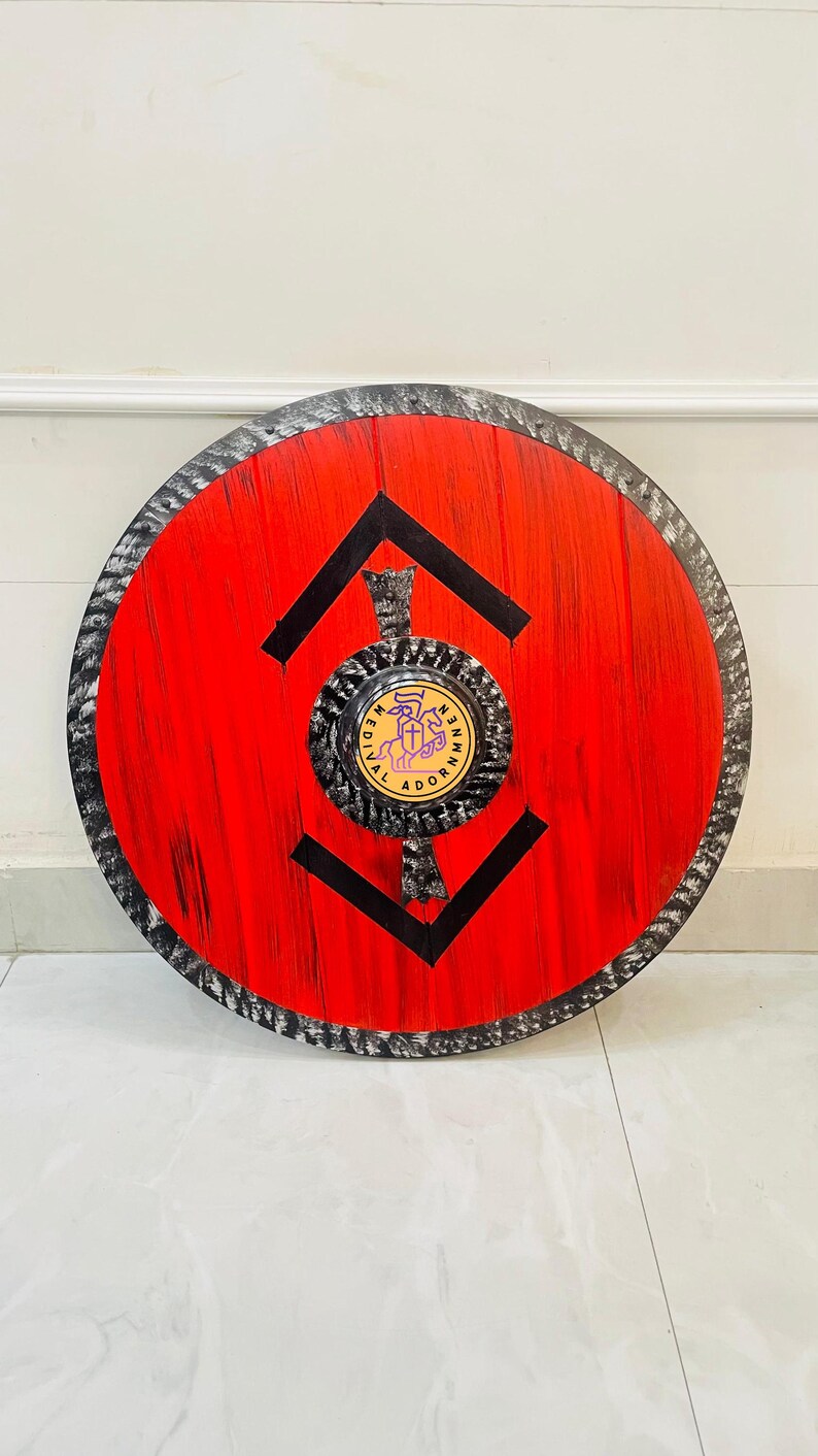 Handmade Viking Round Shield, Norse wooden wall decor – hand-painted weathered finish with decorative metal edging