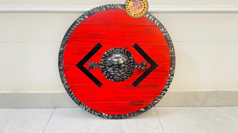 Handmade Viking Round Shield, Norse wooden wall decor – leather handle mounted on the back
