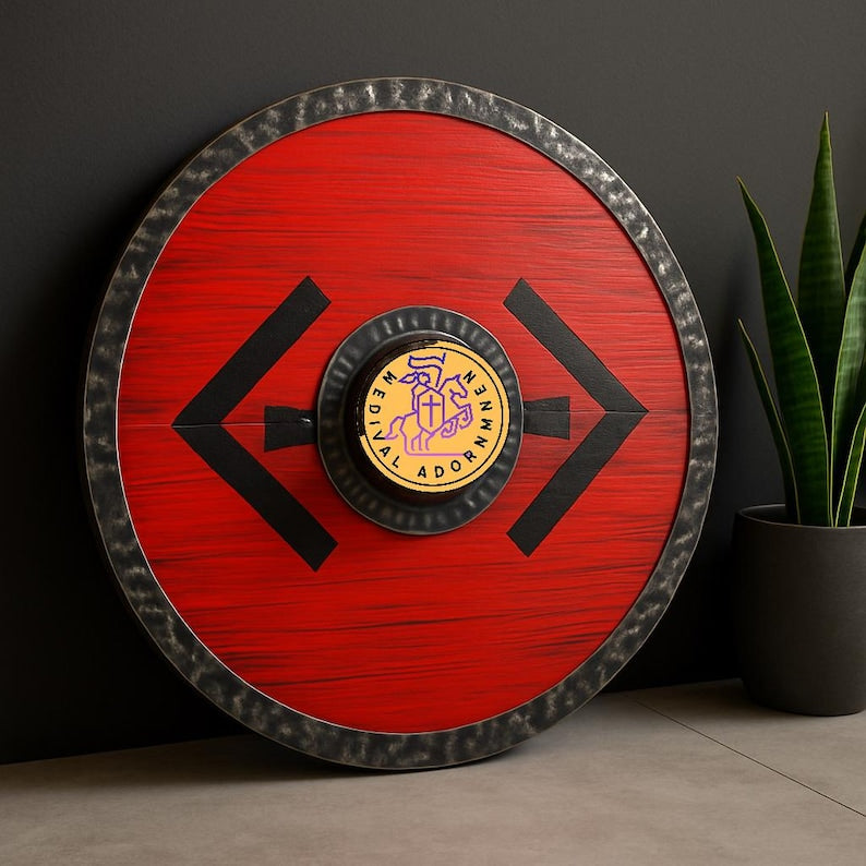 Handmade Viking Round Shield, Norse wooden wall decor – hand-painted weathered finish with decorative metal edging