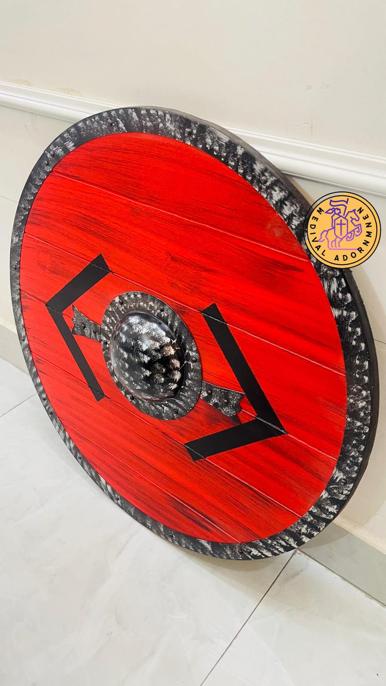 Handmade Viking Round Shield, Norse wooden wall decor – leather handle mounted on the back