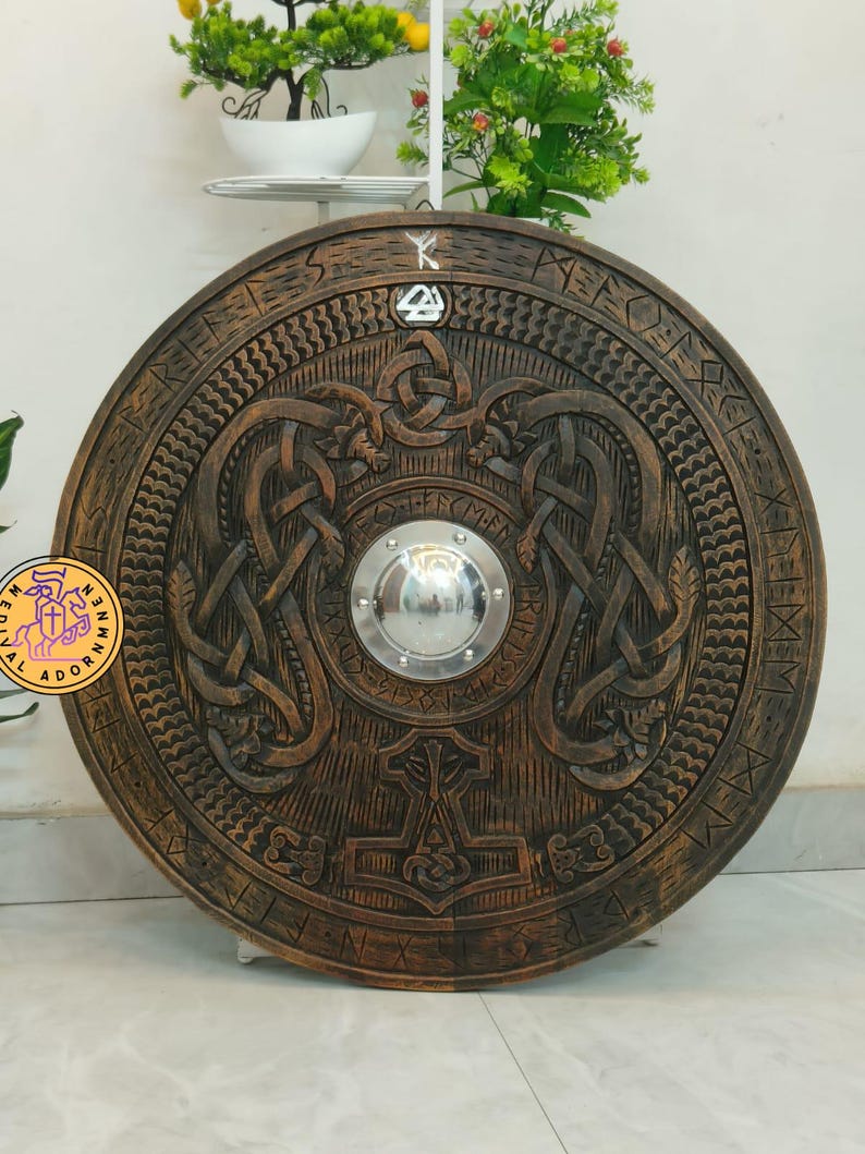 Handmade Viking Shield, Helm of Awe and Celtic knotwork