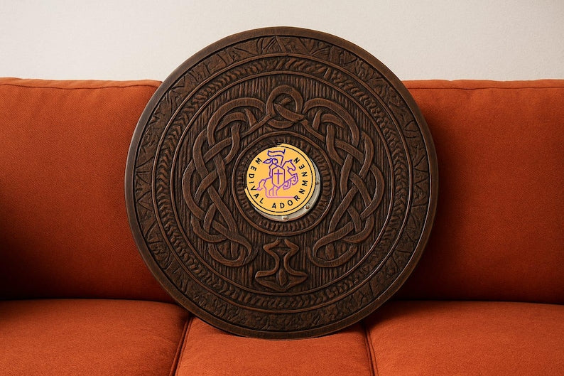Handmade Viking Shield, Helm of Awe and Celtic knotwork – Helm of Awe centerpiece with Norse runes