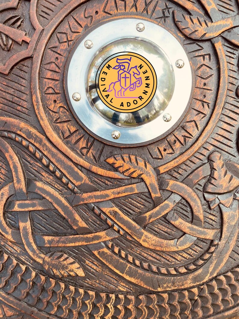 Handmade Viking Shield, Helm of Awe and Celtic knotwork – adjustable leather arm straps