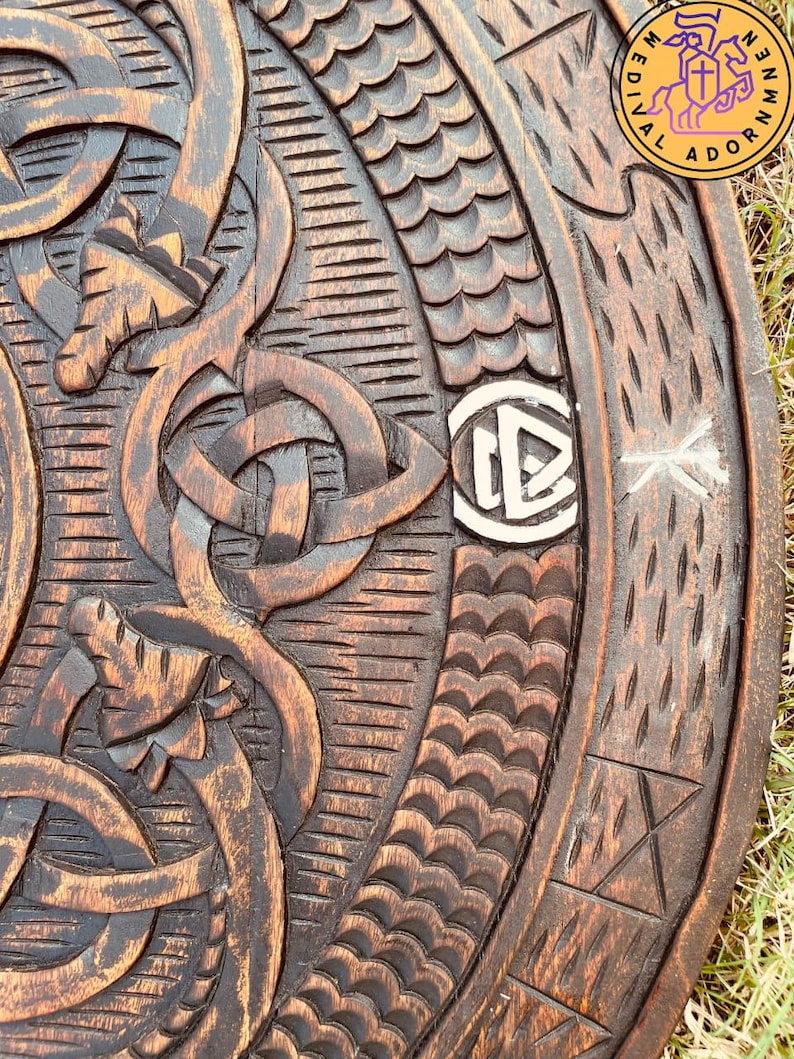 Handmade Viking Shield, Helm of Awe and Celtic knotwork – Helm of Awe centerpiece with Norse runes