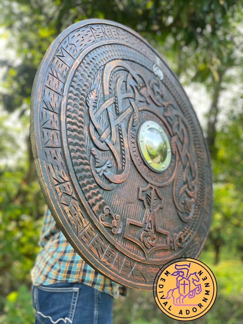 Handmade Viking Shield, Helm of Awe and Celtic knotwork – Celtic knotwork surrounding the design