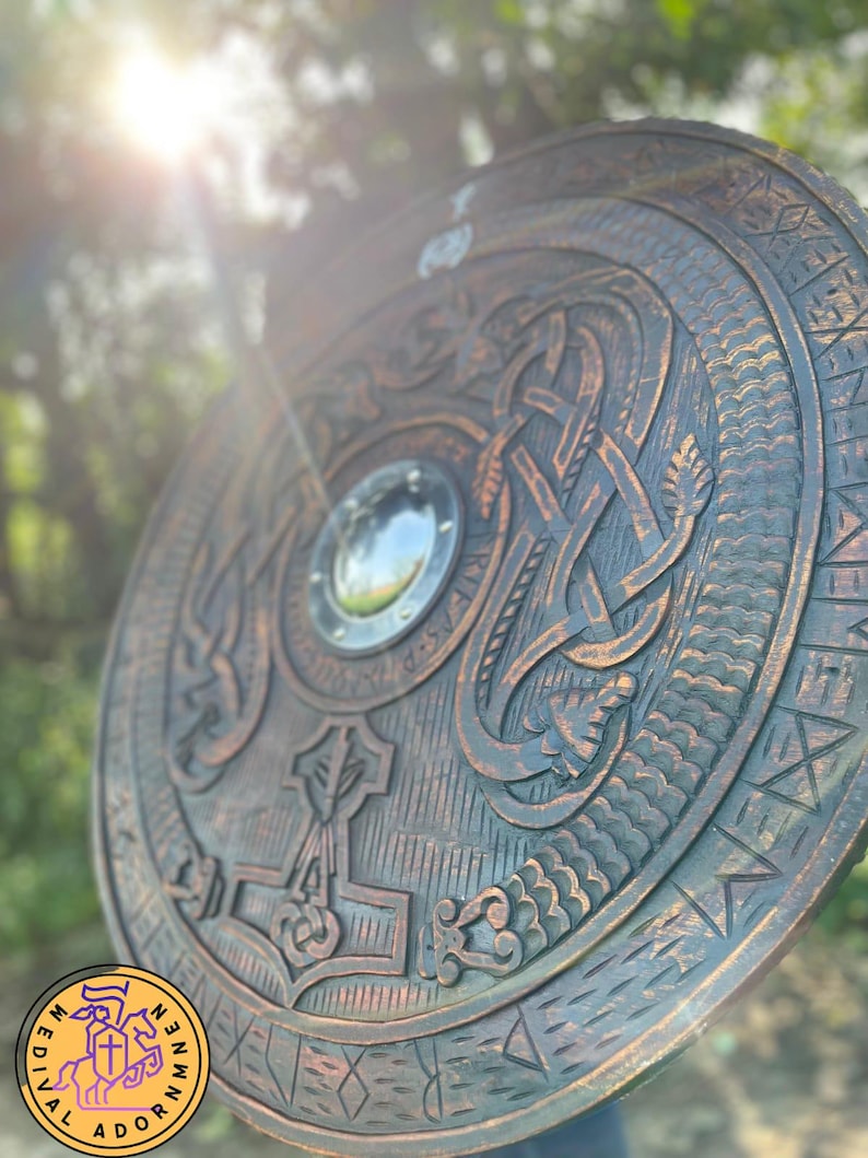 Handmade Viking Shield, Helm of Awe and Celtic knotwork – adjustable leather arm straps