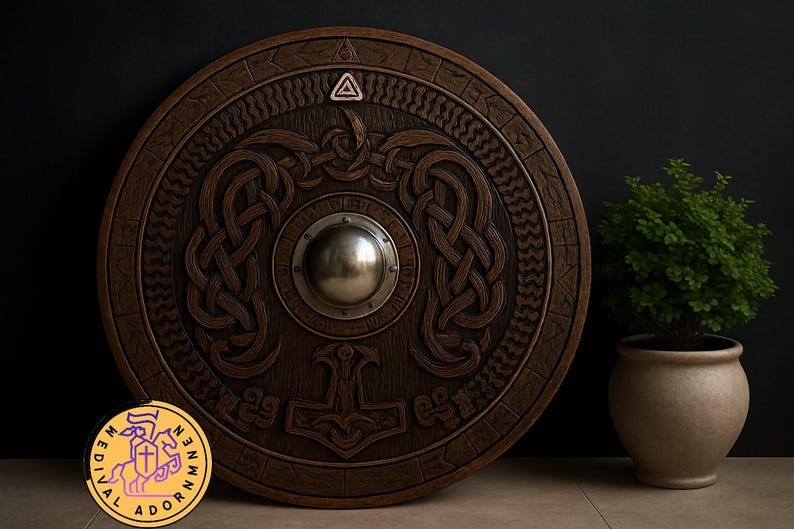 Handmade Viking Shield, Helm of Awe and Celtic knotwork – Helm of Awe centerpiece with Norse runes