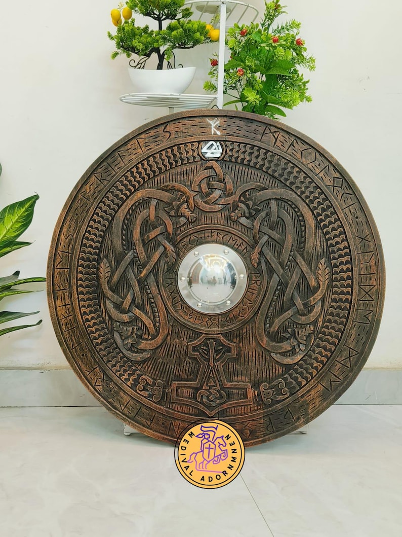 Handmade Viking Shield, Helm of Awe and Celtic knotwork – adjustable leather arm straps