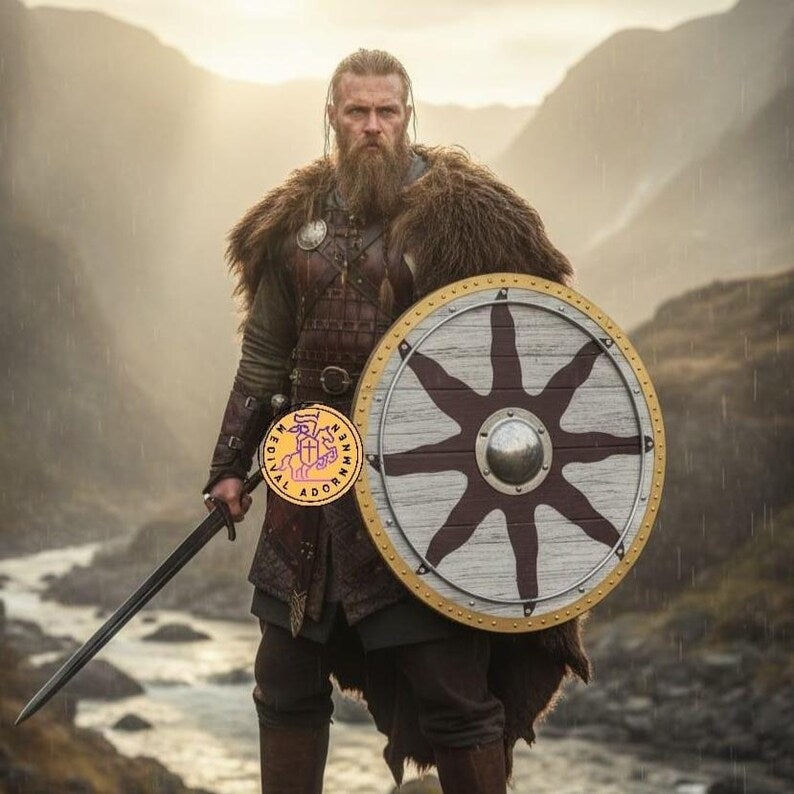 Handmade Viking Sun Shield wooden wall decor – hand-painted battle-worn finish