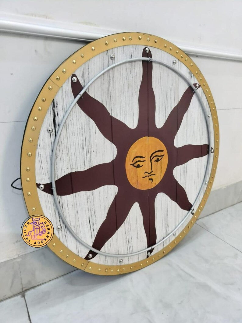 Handmade Viking Sun Shield wooden wall decor – Norse round shield for cosplay and display