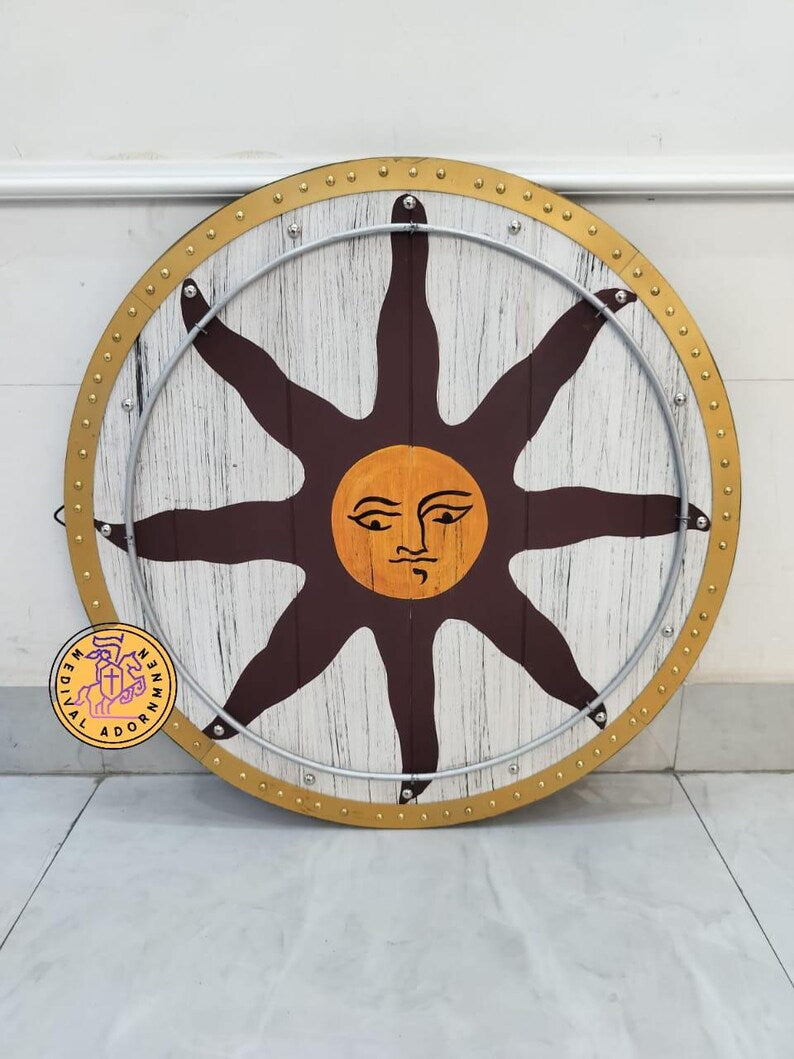 Handmade Viking Sun Shield wooden wall decor – Norse round shield for cosplay and display